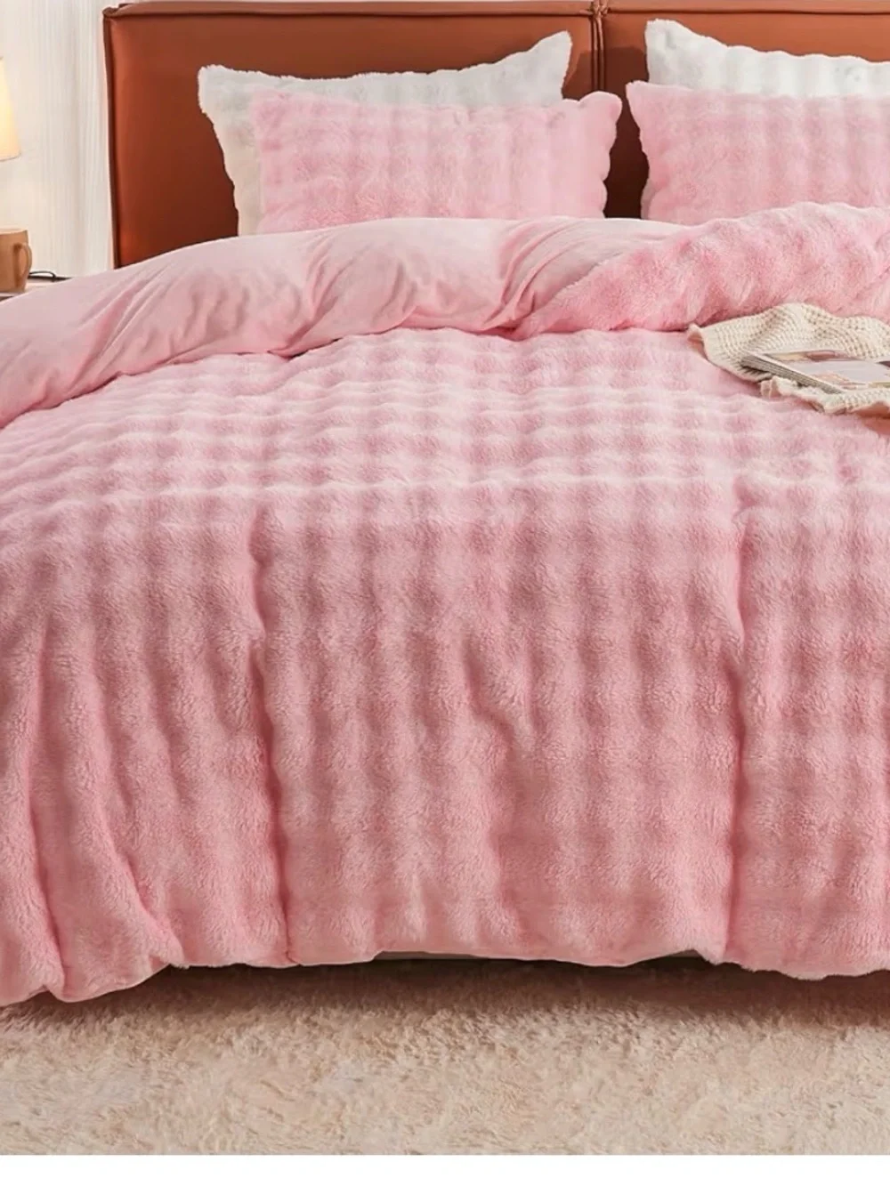 EMME Plush Pink Faux Fur Duvet Cover and Pillow Shams - King/Cal King
